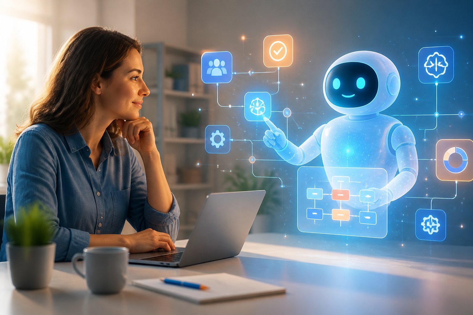 Mitarbeiterin entwickelt mit einem KI-Assistenten einen digitalen Arbeitsablauf